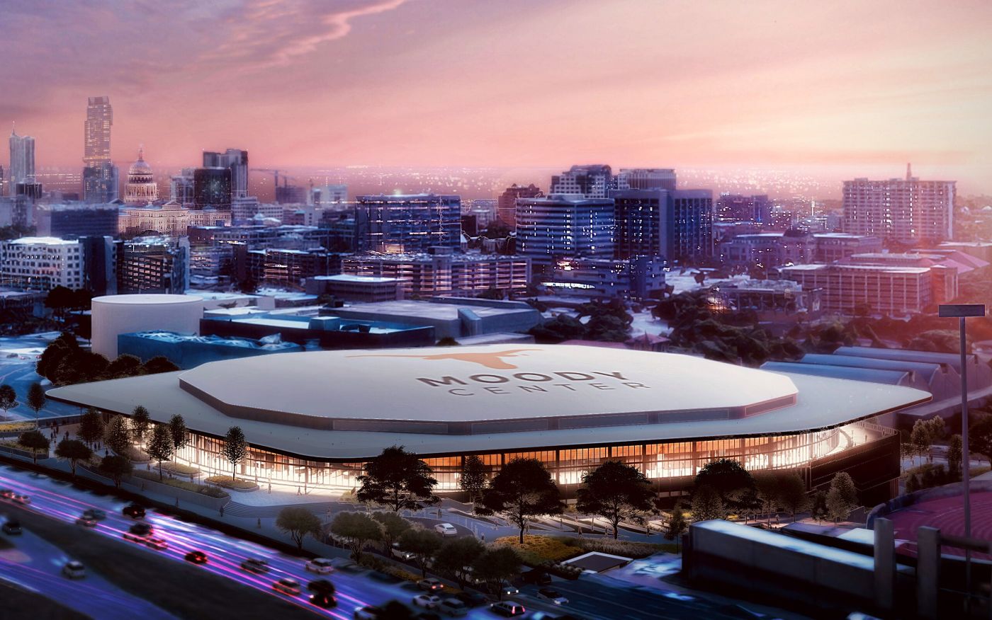 Moody Center arena at dusk